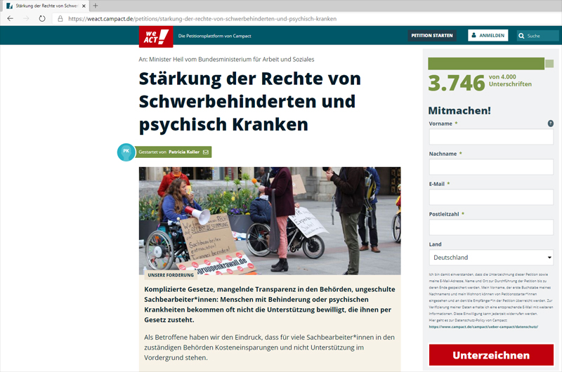 Screenshot von der Petition bei WeAct!