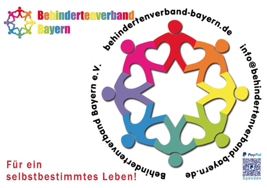 Likes on bikes-Schild mit unserem bunten Logo  und dem Schriftzug Behindertenverband Bayern. Für ein selbstbestimmtes Leben!