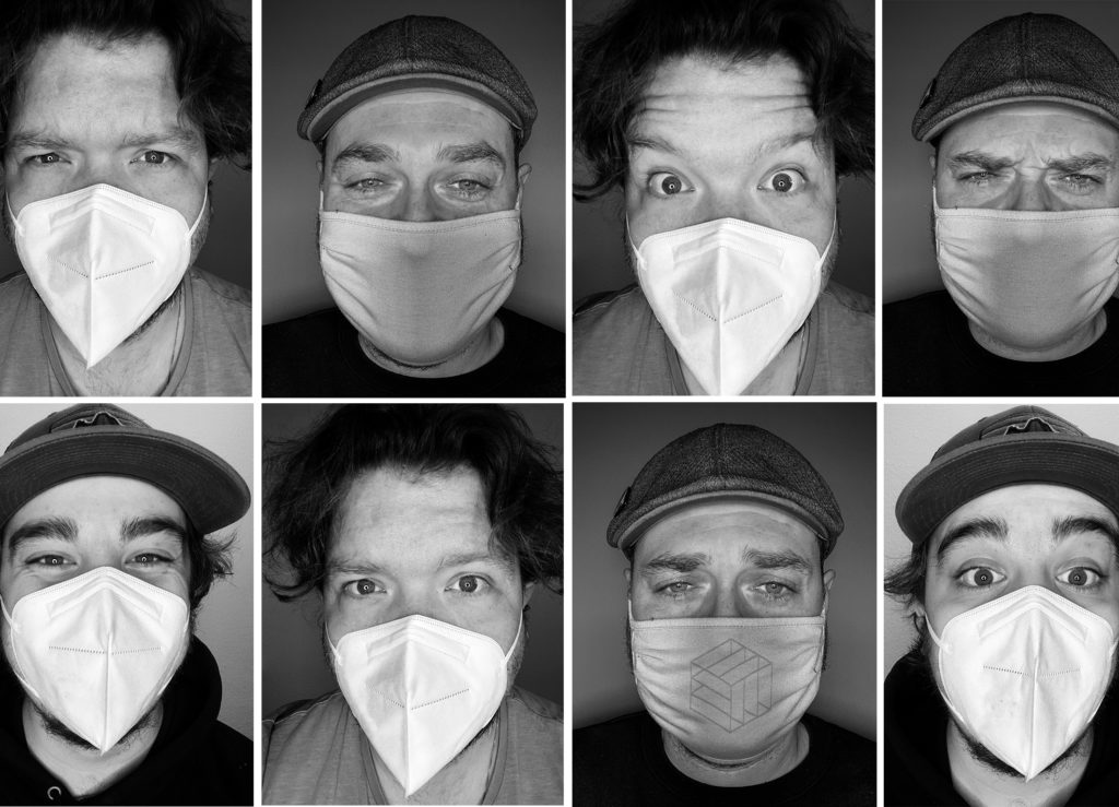 Acht Schwarz-weiß-Fotos von Maskenträgern, die unterschiedliche Gesichtsausdrücke zeigen