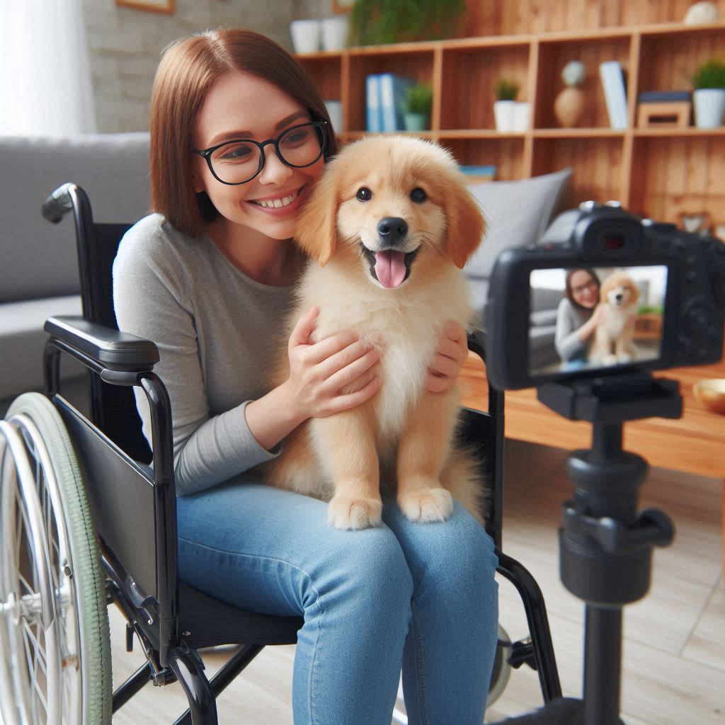 Junge Rollstuhlfahrerin nimmt ein Video von sich und ihrem Hund auf, der auf ihrem Schoß sitzt