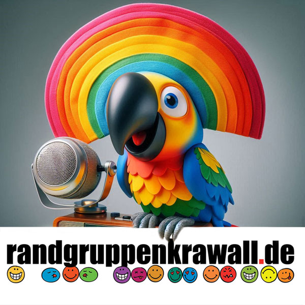 Bunter Papagei mit buntem Piratenhut sitzt auf einem Radio und hält das Schild mit dem Randgruppenkrawall-Logo