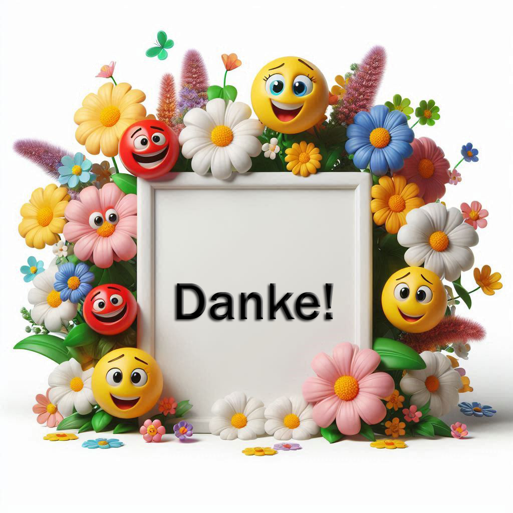 Schild mit der Aufschrift DANKE! umringt von Blumen und fröhlichen Smileys