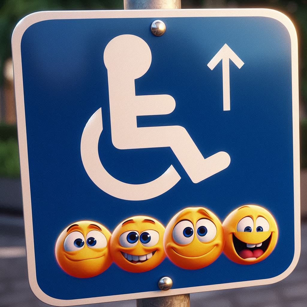 Rollstuhlfahrersymbolbild auf einem Schild mit fröhlichen Smileys