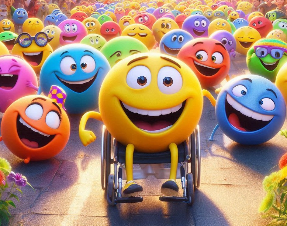 Fröhliche bunte Smileys, einige mit sichtbarer Behinderung