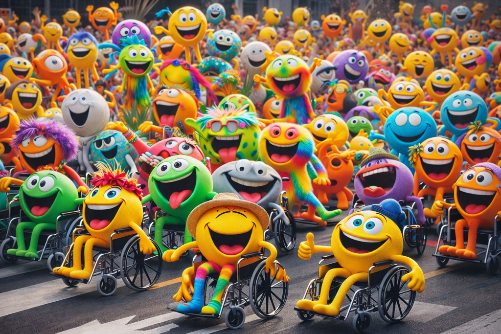 Fröhliche Smileys auf einer Demo, einige davon haben eine sichtbare Behinderung