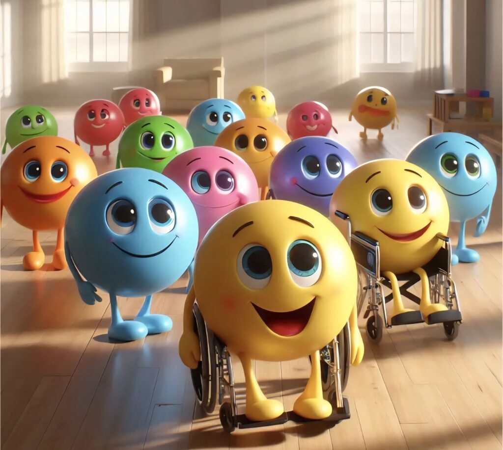 Smileys bei einer Wohnungsbesichtigung, zwei davon sitzen im Rollstuhl. 